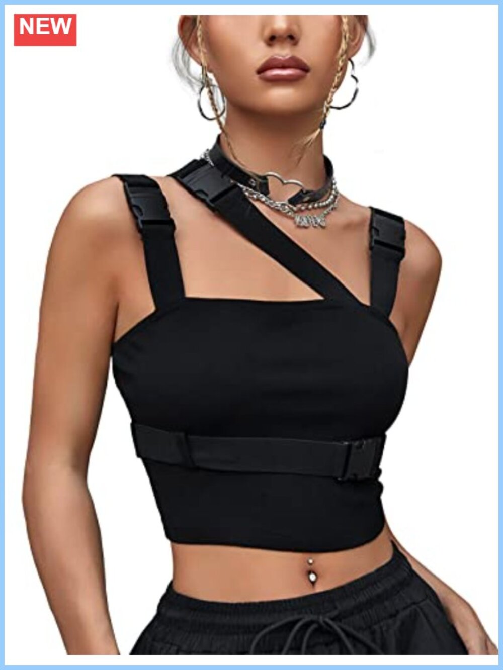 Women's Buckle Tank Top Sleeveless Crop Cami Rave Gothic Punk Streetwear